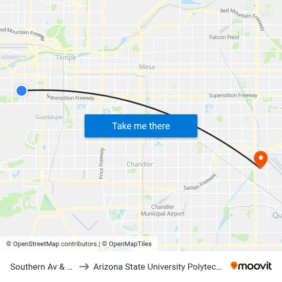 Southern Av & 38th St to Arizona State University Polytechnic campus map