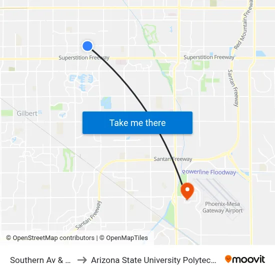 Southern Av & 39th St to Arizona State University Polytechnic campus map