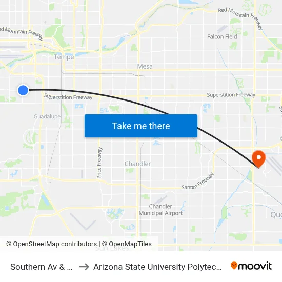 Southern Av & 40th St to Arizona State University Polytechnic campus map
