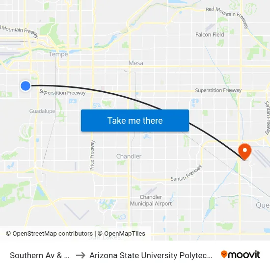 Southern Av & 44th St to Arizona State University Polytechnic campus map