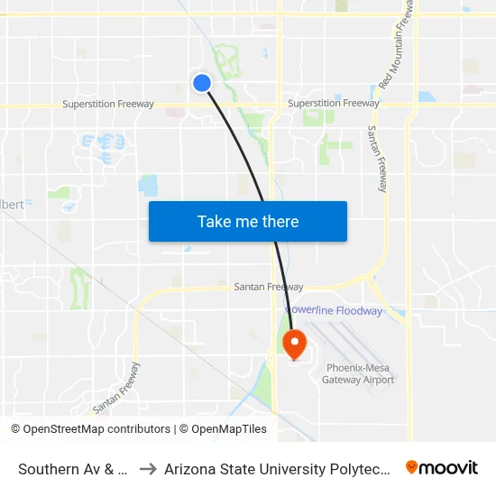Southern Av & 54th St to Arizona State University Polytechnic campus map