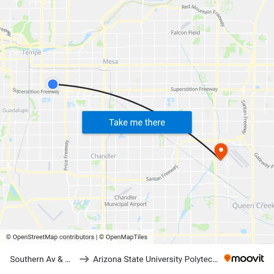 Southern Av & Butte Av to Arizona State University Polytechnic campus map