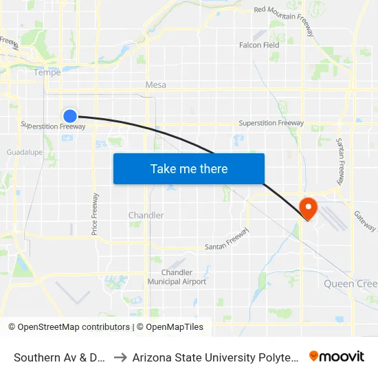 Southern Av & Dorsey Ln to Arizona State University Polytechnic campus map