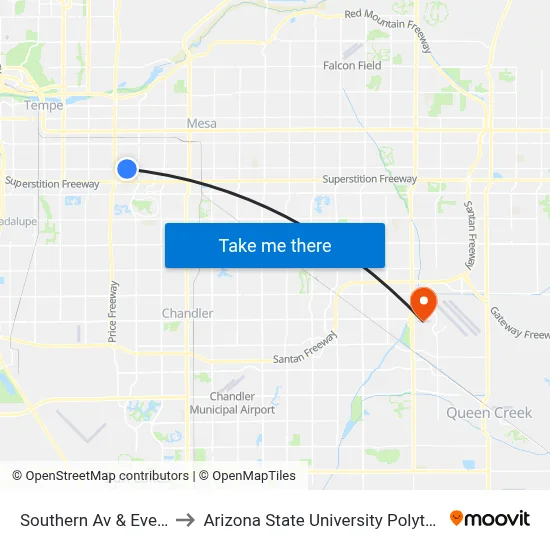 Southern Av & Evergreen Rd to Arizona State University Polytechnic campus map