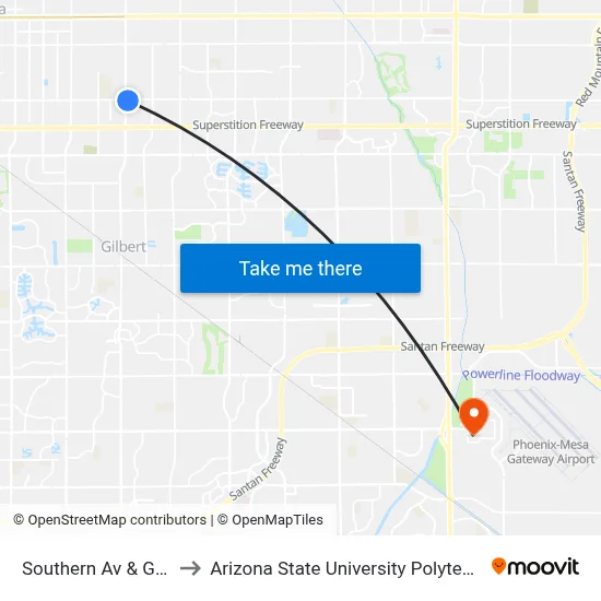 Southern Av & Gilbert Rd to Arizona State University Polytechnic campus map