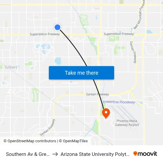 Southern Av & Greenfield Rd to Arizona State University Polytechnic campus map