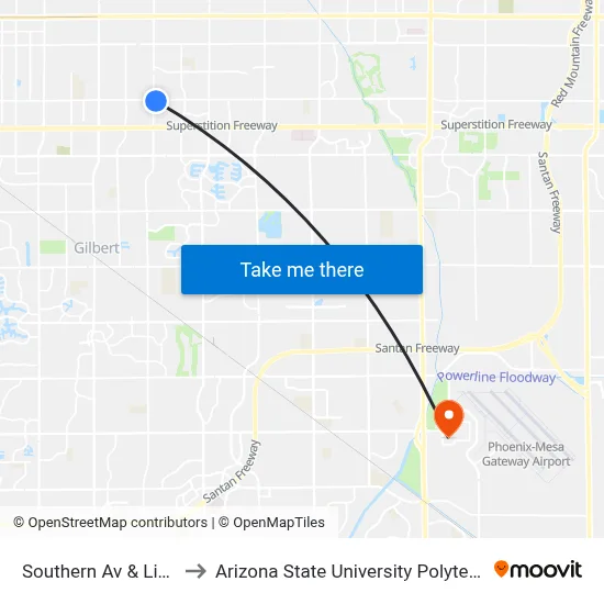 Southern Av & Lindsay Rd to Arizona State University Polytechnic campus map