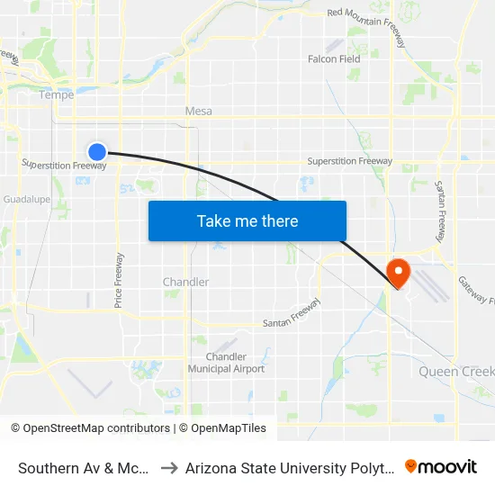 Southern Av & Mcclintock Dr to Arizona State University Polytechnic campus map