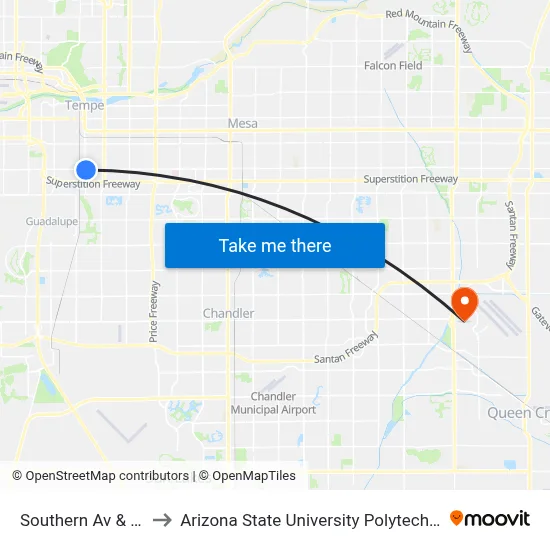 Southern Av & Mill Av to Arizona State University Polytechnic campus map