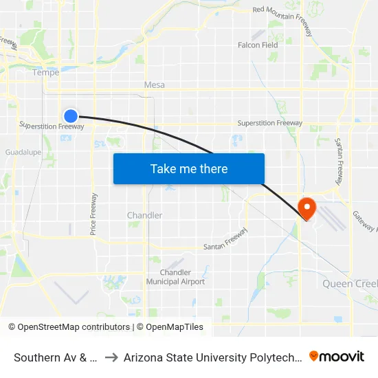 Southern Av & Oak St to Arizona State University Polytechnic campus map