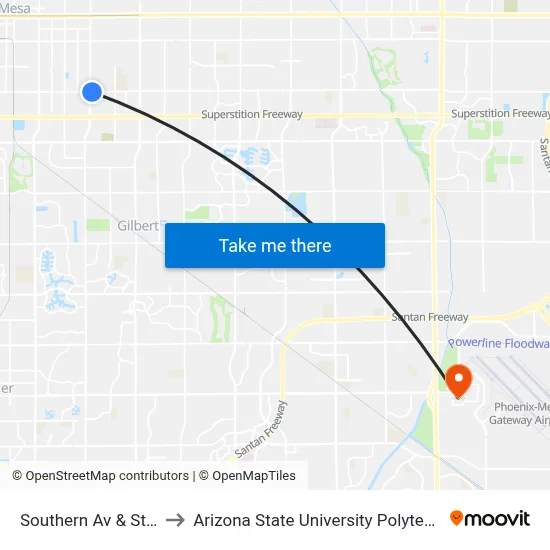 Southern Av & Stapley Dr to Arizona State University Polytechnic campus map