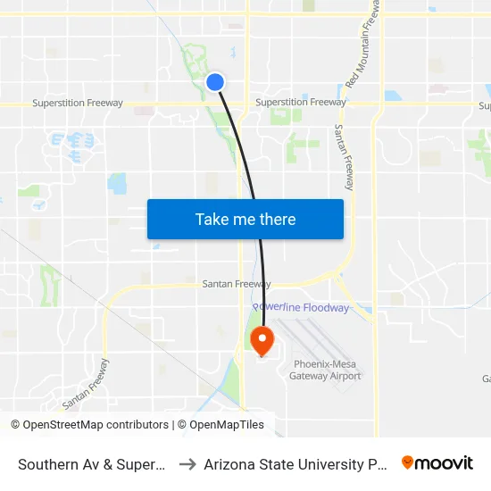 Southern Av & Superstition Spring Bl to Arizona State University Polytechnic campus map