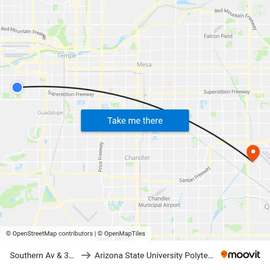 Southern Av & 3331 East to Arizona State University Polytechnic campus map