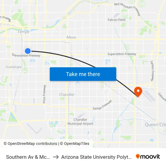 Southern Av & Mcallister Av to Arizona State University Polytechnic campus map