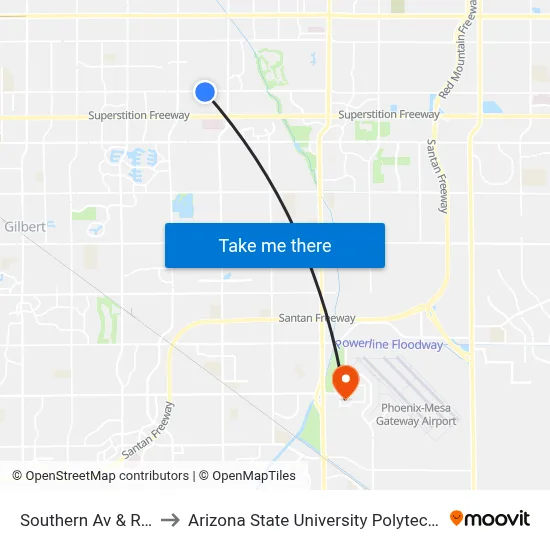 Southern Av & Roanoke to Arizona State University Polytechnic campus map