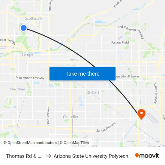Thomas Rd & 61st Pl to Arizona State University Polytechnic campus map