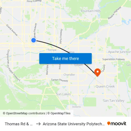 Thomas Rd & 16th St to Arizona State University Polytechnic campus map