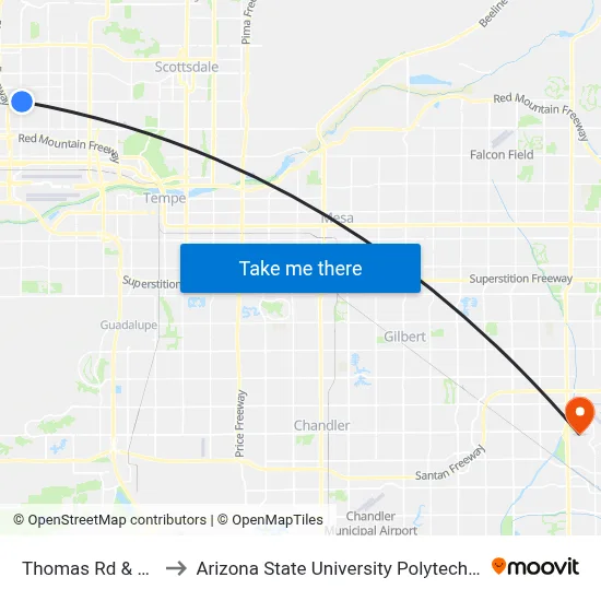 Thomas Rd & 24th St to Arizona State University Polytechnic campus map