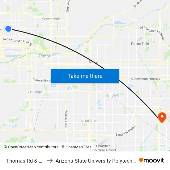 Thomas Rd & 28th St to Arizona State University Polytechnic campus map