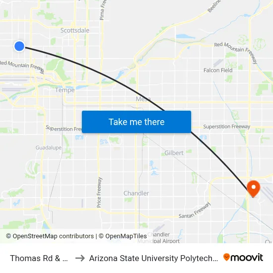 Thomas Rd & 36th St to Arizona State University Polytechnic campus map