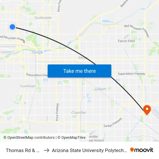 Thomas Rd & 38th St to Arizona State University Polytechnic campus map