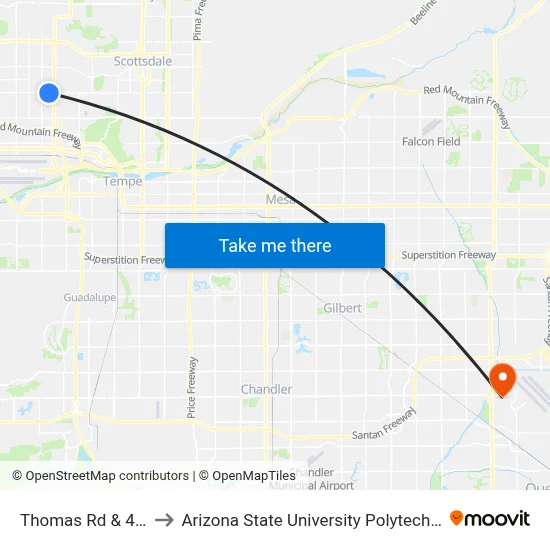 Thomas Rd & 42nd St to Arizona State University Polytechnic campus map