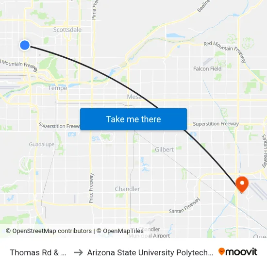 Thomas Rd & 44th St to Arizona State University Polytechnic campus map