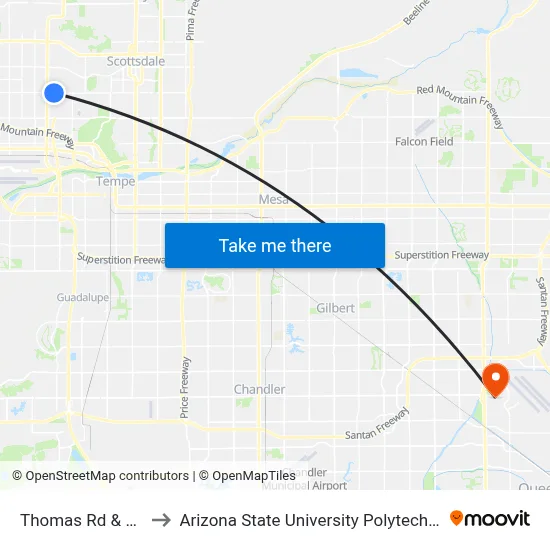 Thomas Rd & 46th St to Arizona State University Polytechnic campus map