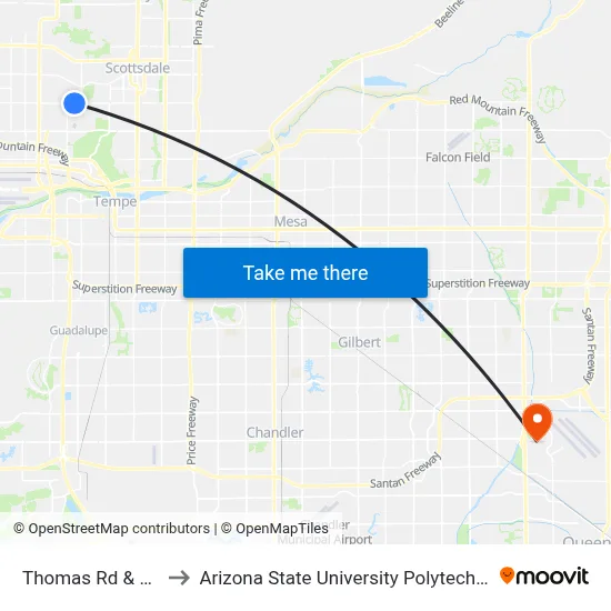 Thomas Rd & 54th St to Arizona State University Polytechnic campus map