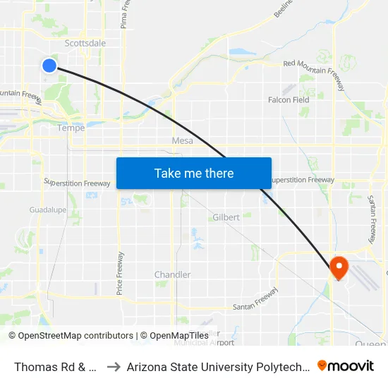 Thomas Rd & 56th St to Arizona State University Polytechnic campus map