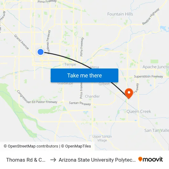 Thomas Rd & Central Av to Arizona State University Polytechnic campus map