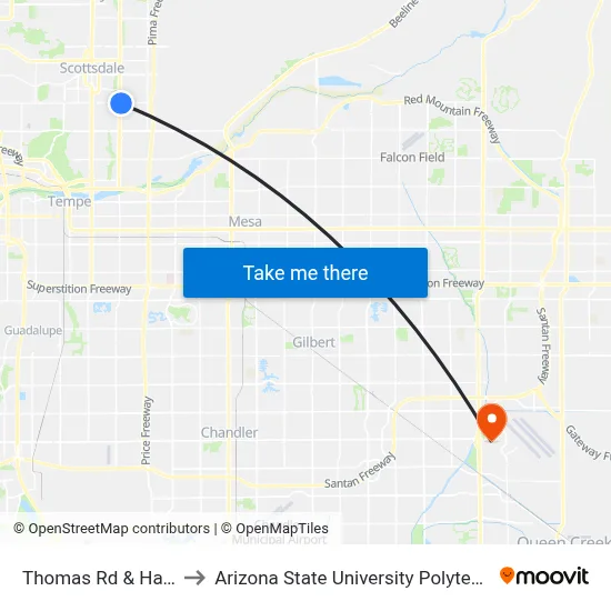 Thomas Rd & Hayden Rd to Arizona State University Polytechnic campus map