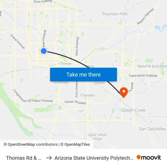 Thomas Rd & 20th St to Arizona State University Polytechnic campus map