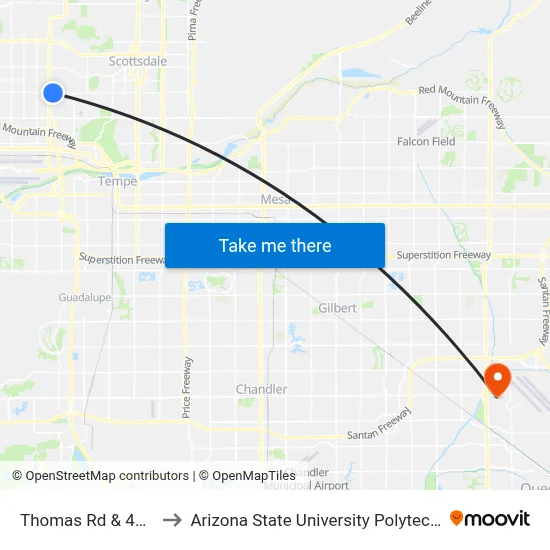Thomas Rd & 4500 East to Arizona State University Polytechnic campus map
