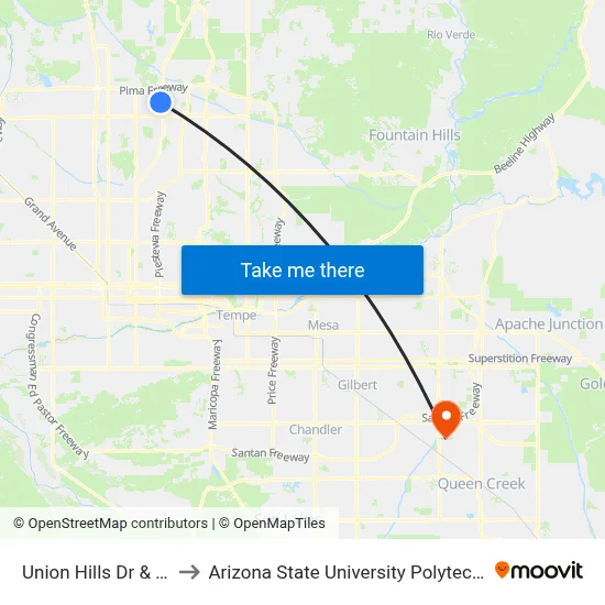 Union Hills Dr & 22nd St to Arizona State University Polytechnic campus map