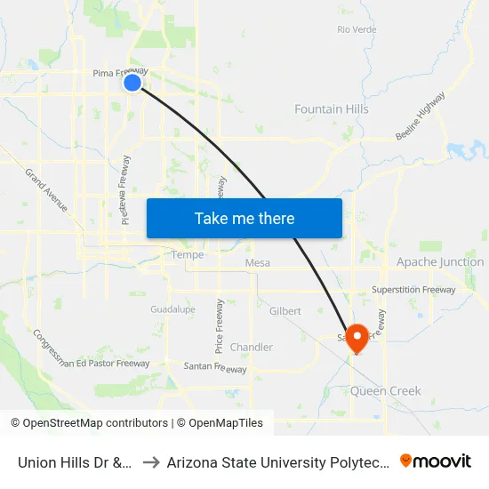 Union Hills Dr & 26th St to Arizona State University Polytechnic campus map