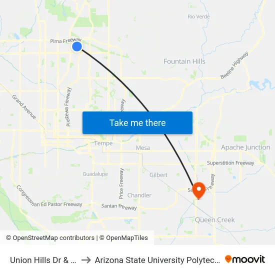 Union Hills Dr & 32nd St to Arizona State University Polytechnic campus map