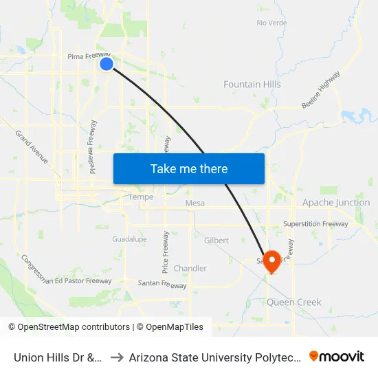 Union Hills Dr & 34th St to Arizona State University Polytechnic campus map