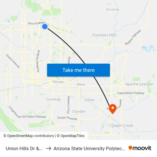 Union Hills Dr & 36th St to Arizona State University Polytechnic campus map