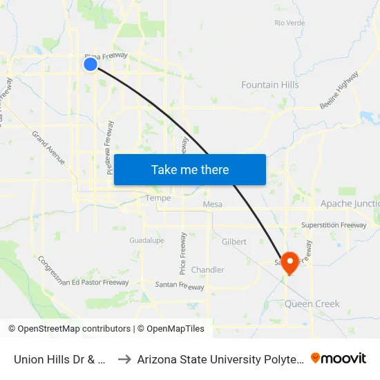 Union Hills Dr & Central Av to Arizona State University Polytechnic campus map
