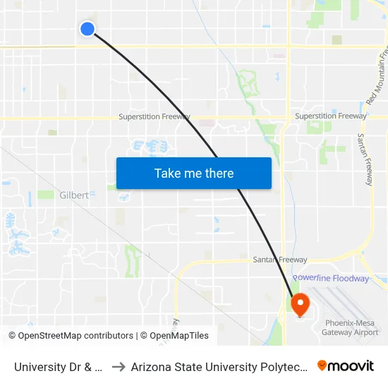 University Dr & 22nd Pl to Arizona State University Polytechnic campus map