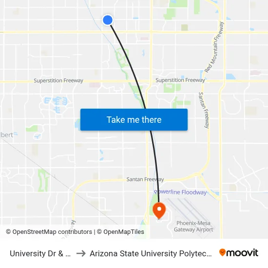 University Dr & 54th St to Arizona State University Polytechnic campus map