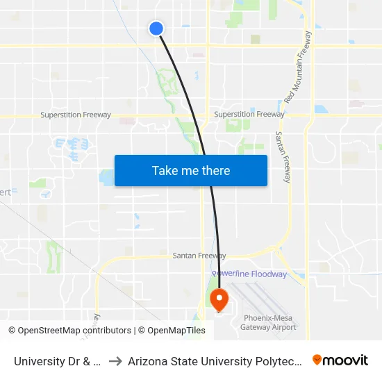 University Dr & 56th St to Arizona State University Polytechnic campus map