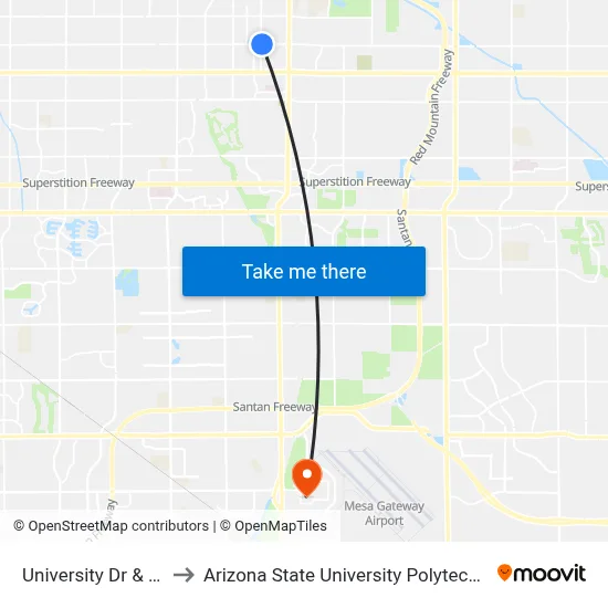 University Dr & 64th St to Arizona State University Polytechnic campus map
