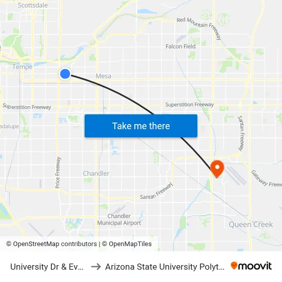 University Dr & Evergreen Rd to Arizona State University Polytechnic campus map