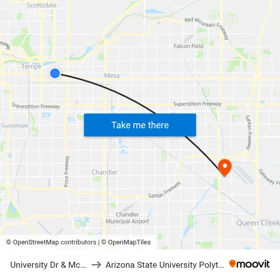 University Dr & Mcclintock Dr to Arizona State University Polytechnic campus map