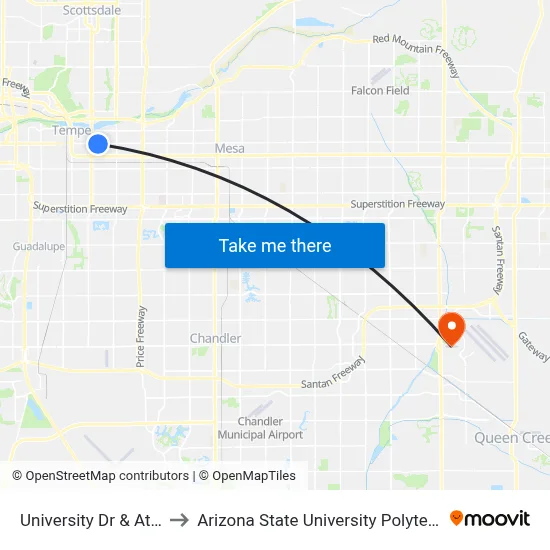 University Dr & Athletes Pl to Arizona State University Polytechnic campus map
