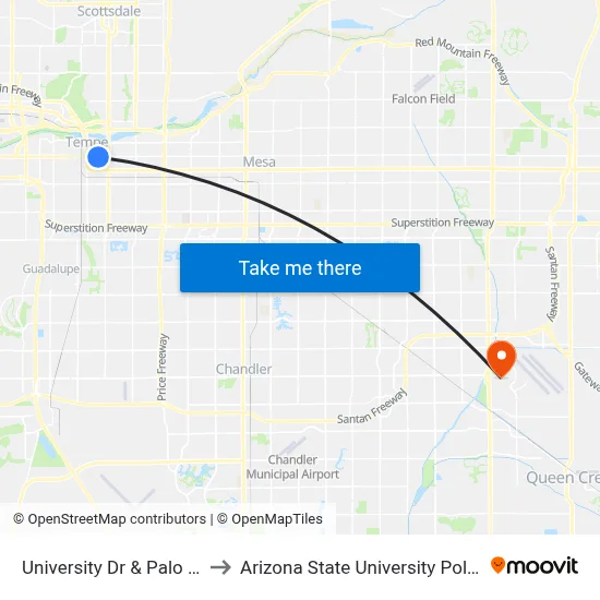 University Dr & Palo Verde Dorms to Arizona State University Polytechnic campus map
