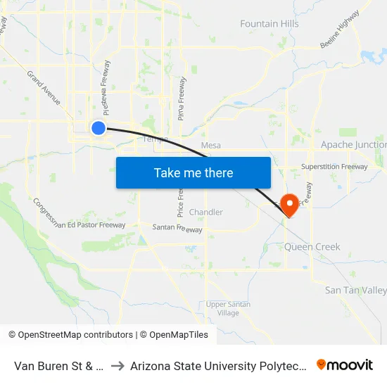 Van Buren St & 14th St to Arizona State University Polytechnic campus map