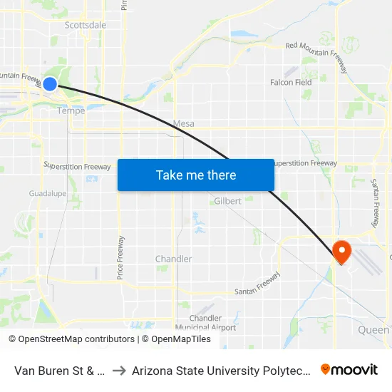 Van Buren St & 56th St to Arizona State University Polytechnic campus map